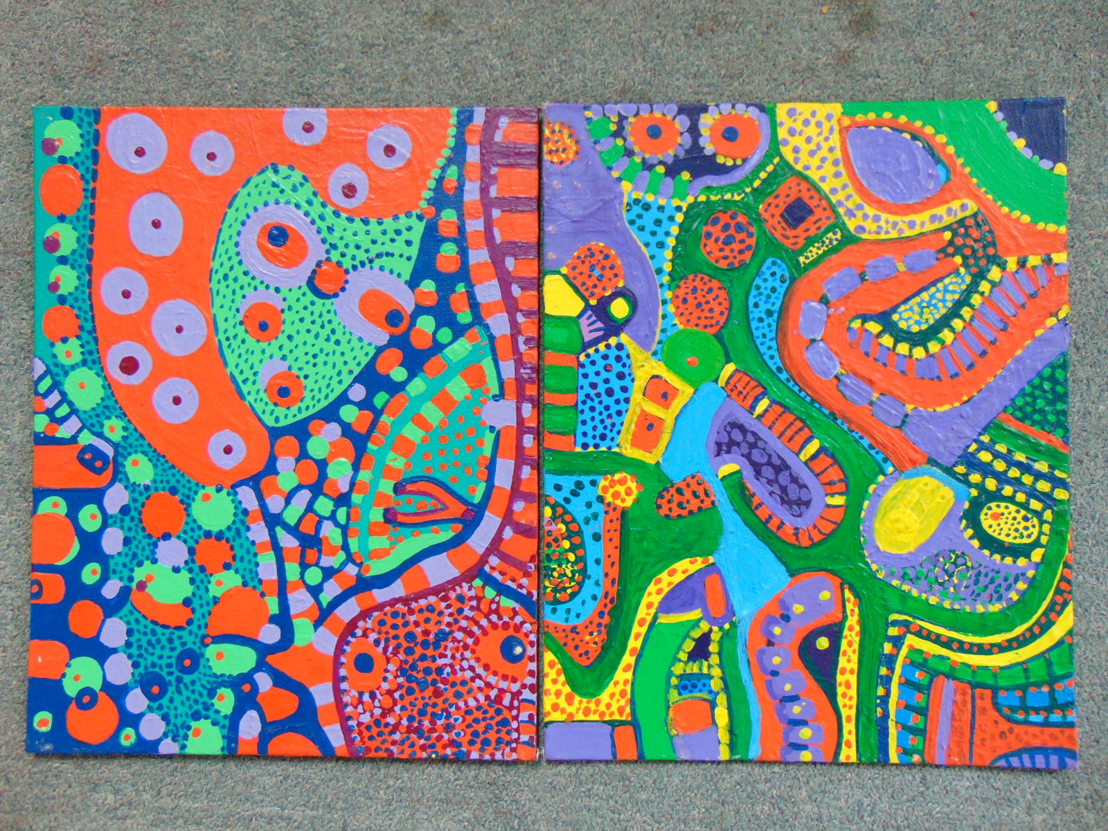 2 paintings, Louise Abrams, Outsider Art Collection,: 2 paintings, Louise Abrams, Outsider Art Collection, acrylic on canvas board, 11' by 14", from the collection of the artist. This lot is part of a large collection of sculpture and paintings from a ne