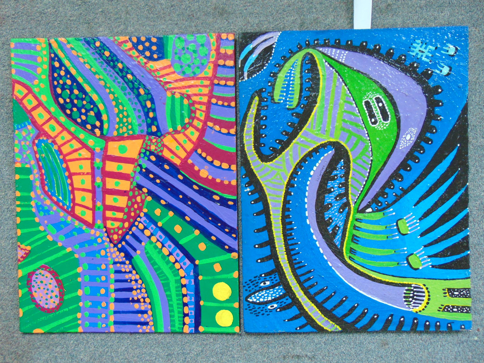 2 paintings, Louise Abrams, Outsider Art Collection,: 2 paintings, Louise Abrams, Outsider Art Collection, acrylic on canvas board, 12" by 16", from the collection of the artist. This lot is part of a large collection of sculpture and paintings from a ne