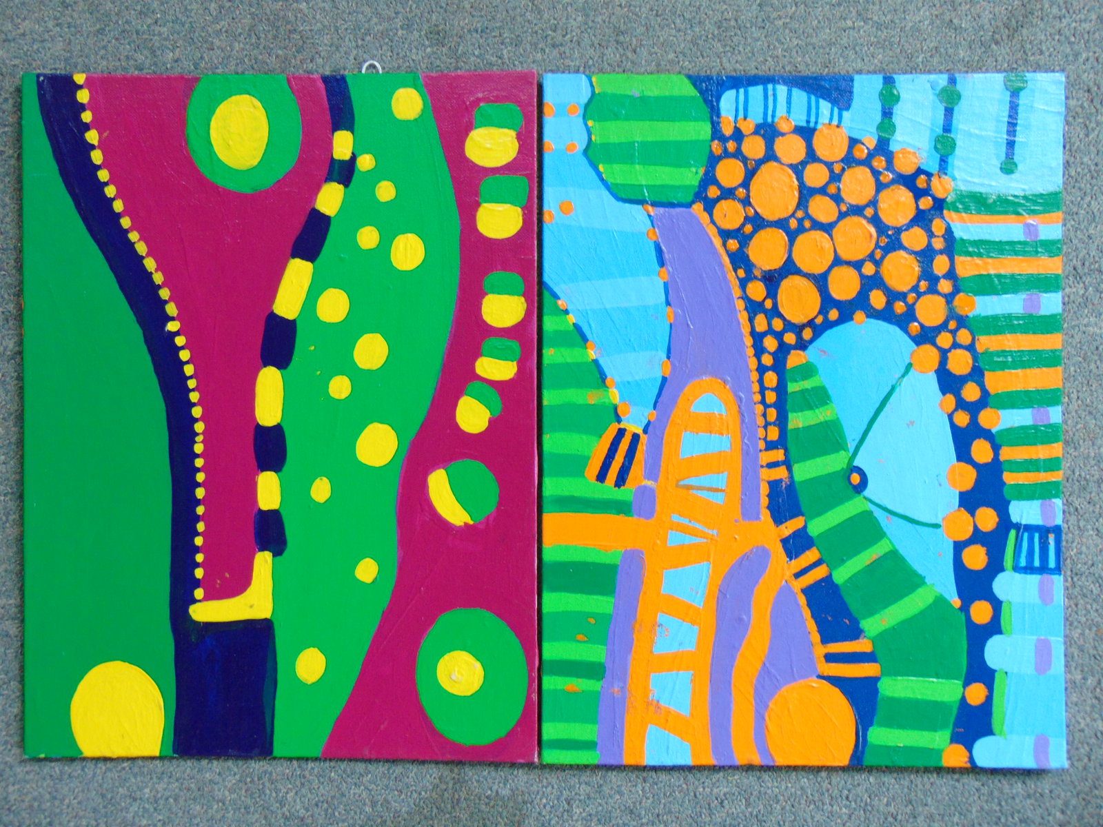 2 paintings, Louise Abrams, Outsider Art Collection,: 2 paintings, Louise Abrams, Outsider Art Collection, acrylic on canvas board, 12" by 16", from the collection of the artist. This lot is part of a large collection of sculpture and paintings from a ne