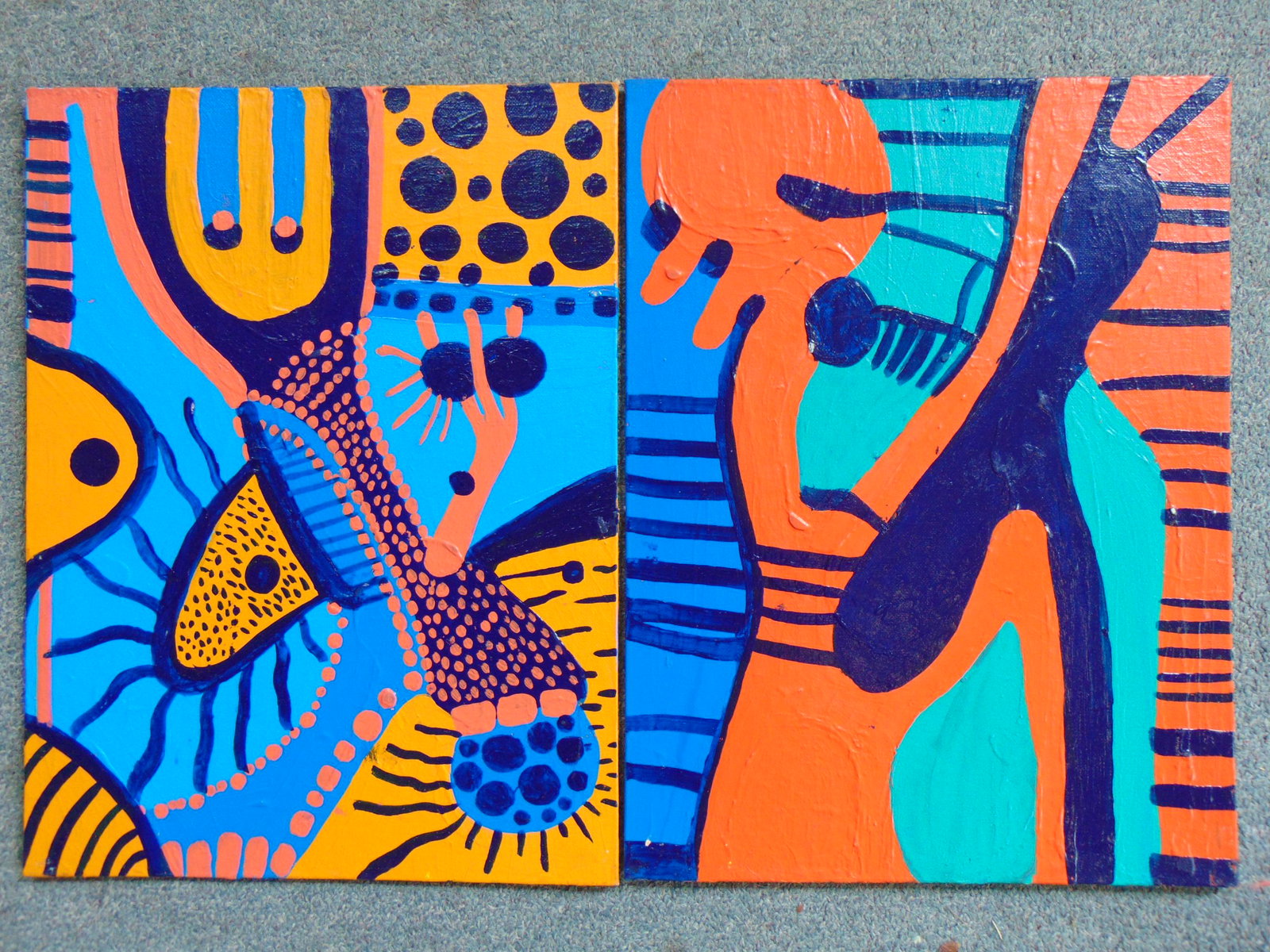 2 paintings, Louise Abrams, Outsider Art Collection,: 2 paintings, Louise Abrams, Outsider Art Collection, acrylic on canvas board, 12" by 16", from the collection of the artist. This lot is part of a large collection of sculpture and paintings from a ne