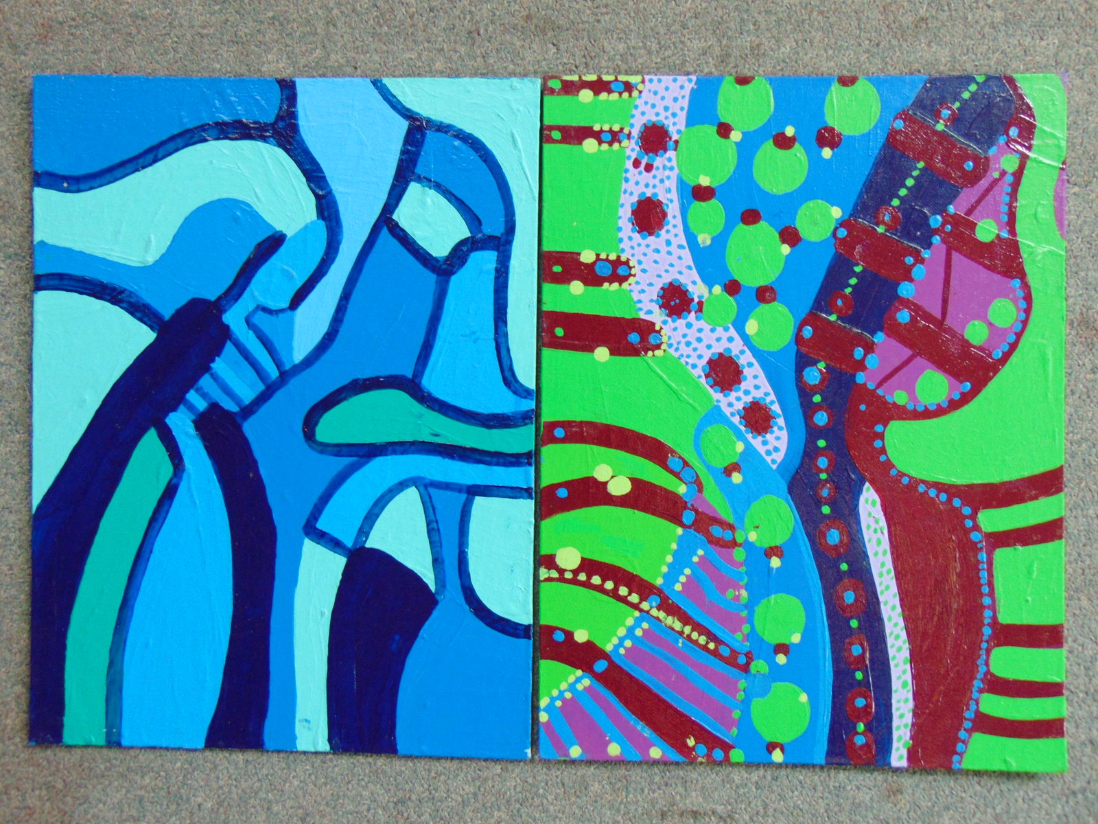 2 paintings, Louise Abrams, Outsider Art Collection,: 2 paintings, Louise Abrams, Outsider Art Collection, acrylic on canvas board, 12" by 16", from the collection of the artist. This lot is part of a large collection of sculpture and paintings from a ne