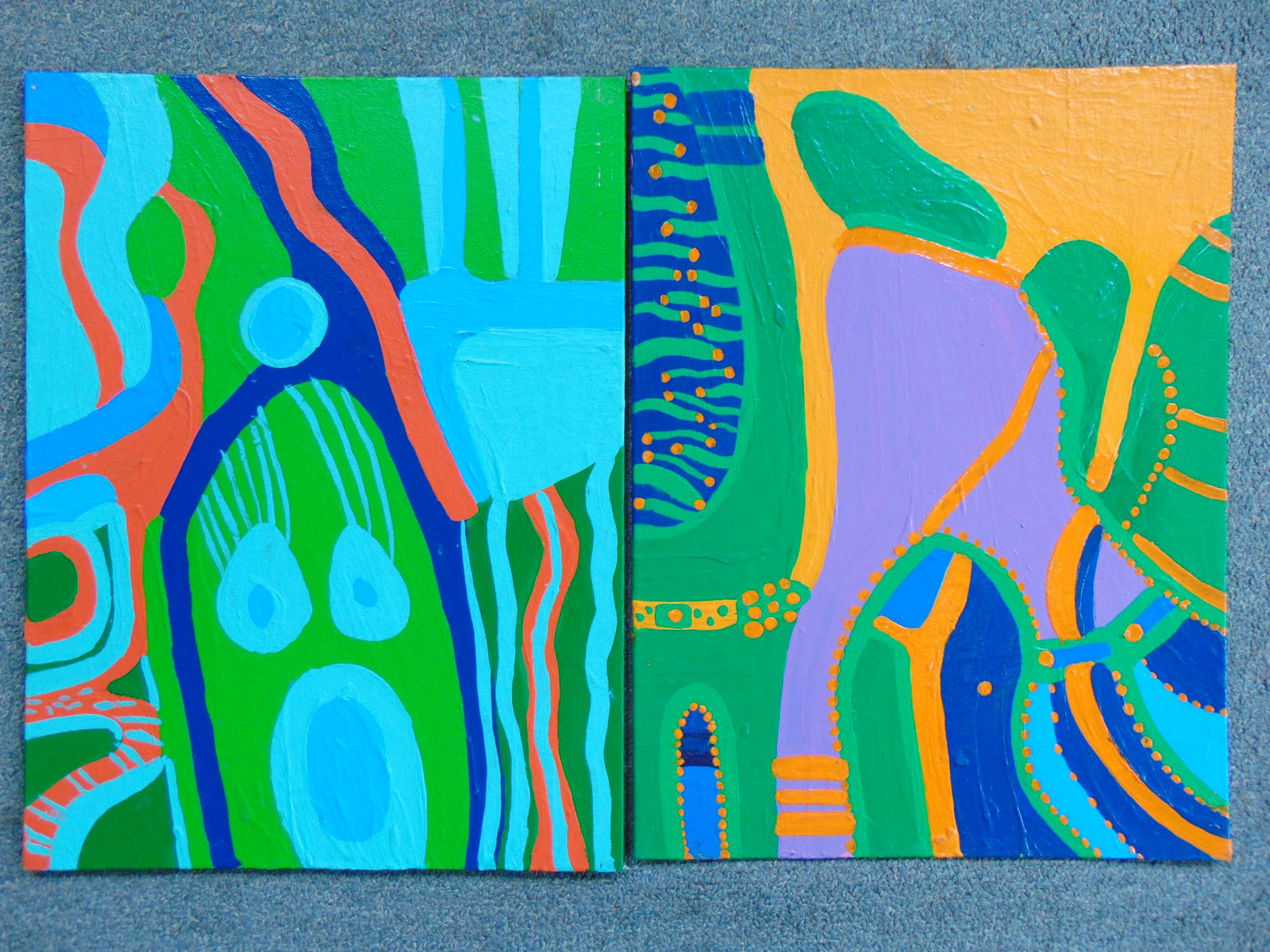 2 paintings, Louise Abrams, Outsider Art Collection,: 2 paintings, Louise Abrams, Outsider Art Collection, acrylic on canvas board, 12" by 16", from the collection of the artist. This lot is part of a large collection of sculpture and paintings from a ne