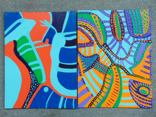 2 paintings, Louise Abrams, Outsider Art Collection,: 2 paintings, Louise Abrams, Outsider Art Collection, acrylic on canvas board, 12" by 16", from the collection of the artist. This lot is part of a large collection of sculpture and paintings from a ne