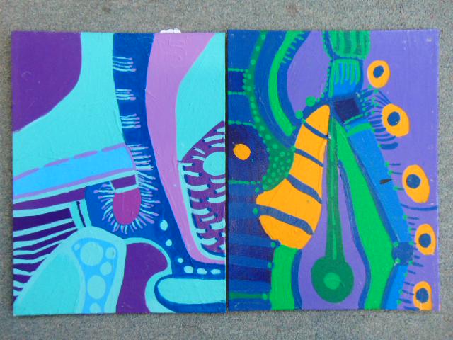2 paintings, Louise Abrams, Outsider Art Collection,: 2 paintings, Louise Abrams, Outsider Art Collection, acrylic on canvas board, 12" by 16", from the collection of the artist. This lot is part of a large collection of sculpture and paintings from a ne
