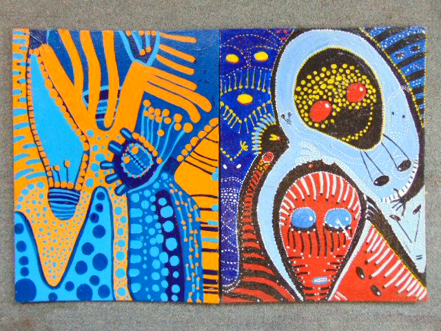 2 paintings, Louise Abrams, Outsider Art Collection,: 2 paintings, Louise Abrams, Outsider Art Collection, acrylic on canvas board, 12" by 16", from the collection of the artist. This lot is part of a large collection of sculpture and paintings from a ne