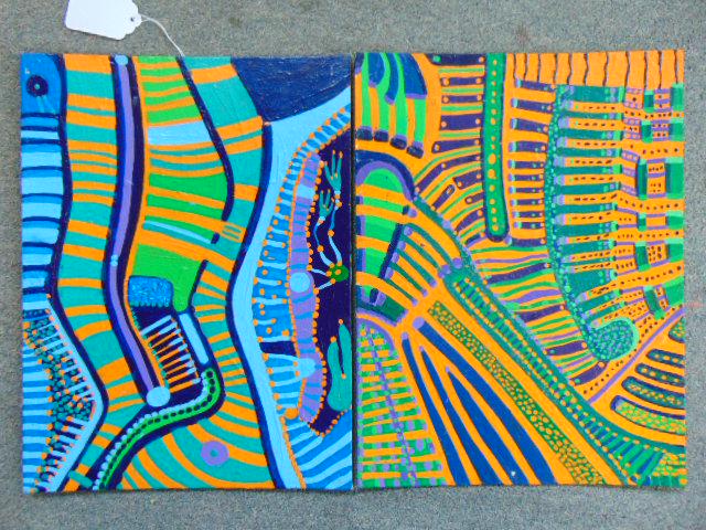 2 paintings, Louise Abrams, Outsider Art Collection,: 2 paintings, Louise Abrams, Outsider Art Collection, acrylic on canvas board, 12" by 16", from the collection of the artist. This lot is part of a large collection of sculpture and paintings from a ne