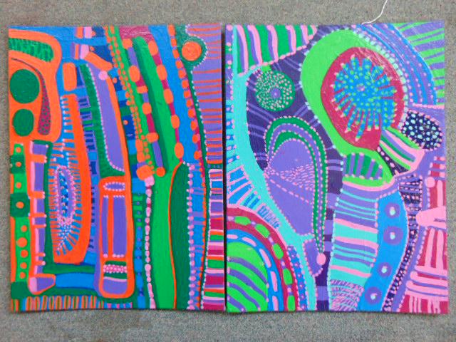 2 paintings, Louise Abrams, Outsider Art Collection,: 2 paintings, Louise Abrams, Outsider Art Collection, acrylic on canvas board, 12" by 16", from the collection of the artist. This lot is part of a large collection of sculpture and paintings from a ne