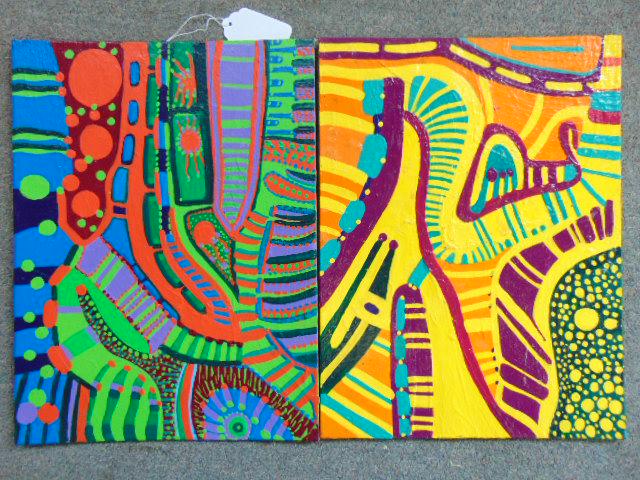 2 paintings, Louise Abrams, Outsider Art Collection,: 2 paintings, Louise Abrams, Outsider Art Collection, acrylic on canvas board, 12" by 16", from the collection of the artist. This lot is part of a large collection of sculpture and paintings from a ne