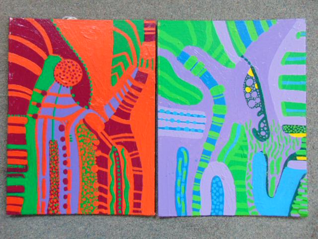 2 paintings, Louise Abrams, Outsider Art Collection,: 2 paintings, Louise Abrams, Outsider Art Collection, acrylic on canvas board, 12" by 16", from the collection of the artist. This lot is part of a large collection of sculpture and paintings from a ne