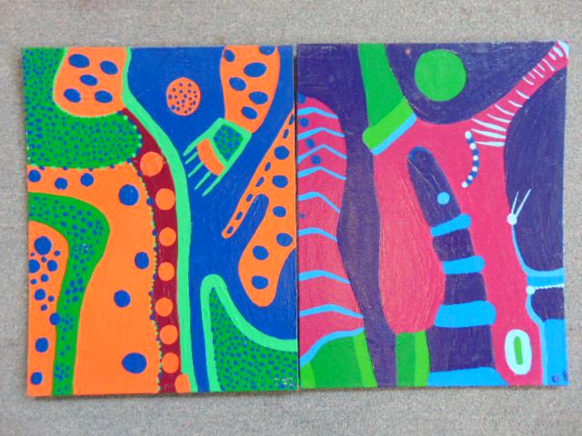 2 paintings, Louise Abrams, Outsider Art Collection,: 2 paintings, Louise Abrams, Outsider Art Collection, acrylic on canvas board, 14" by 18", from the collection of the artist. This lot is part of a large collection of sculpture and paintings from a ne