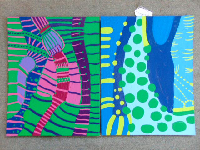 2 paintings, Louise Abrams, Outsider Art Collection,: 2 paintings, Louise Abrams, Outsider Art Collection, acrylic on canvas board, 14" by 18", from the collection of the artist. This lot is part of a large collection of sculpture and paintings from a ne