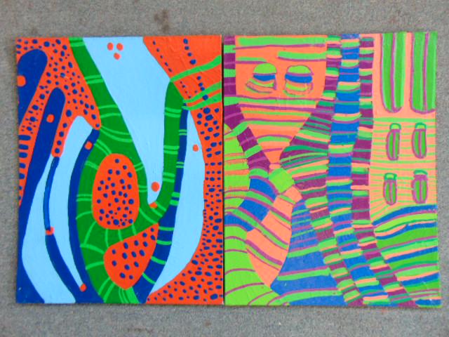2 paintings, Louise Abrams, Outsider Art Collection,: 2 paintings, Louise Abrams, Outsider Art Collection, acrylic on canvas board, 14" by 18", from the collection of the artist. This lot is part of a large collection of sculpture and paintings from a ne