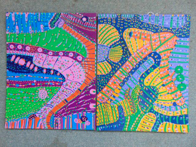 2 paintings, Louise Abrams, Outsider Art Collection,: 2 paintings, Louise Abrams, Outsider Art Collection, acrylic on canvas board, 14" by 18", from the collection of the artist. This lot is part of a large collection of sculpture and paintings from a ne