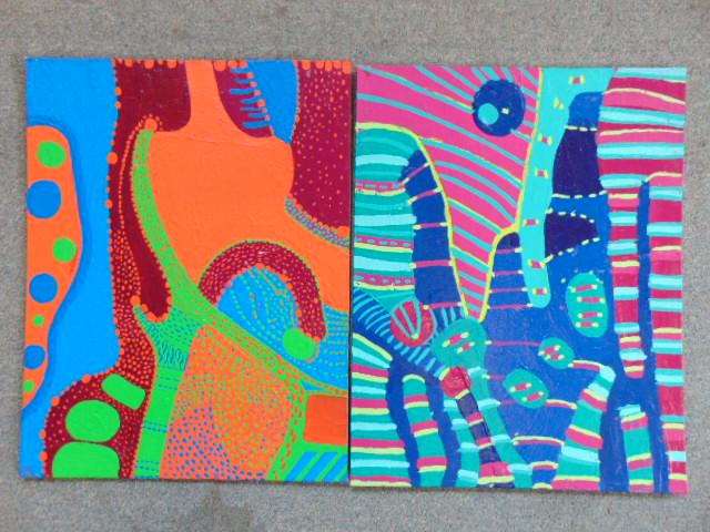 2 paintings, Louise Abrams, Outsider Art Collection,: 2 paintings, Louise Abrams, Outsider Art Collection, acrylic on canvas board, 14" by 18", from the collection of the artist. This lot is part of a large collection of sculpture and paintings from a ne