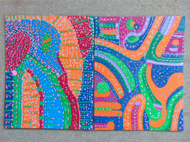 2 paintings, Louise Abrams, Outsider Art Collection,: 2 paintings, Louise Abrams, Outsider Art Collection, acrylic on canvas board, 14" by 18", from the collection of the artist. This lot is part of a large collection of sculpture and paintings from a ne