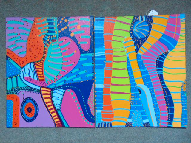 2 paintings, Louise Abrams, Outsider Art Collection,: 2 paintings, Louise Abrams, Outsider Art Collection, acrylic on canvas board, 16" by 20", from the collection of the artist. This lot is part of a large collection of sculpture and paintings from a ne