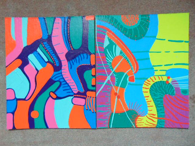 2 paintings, Louise Abrams, Outsider Art Collection,: 2 paintings, Louise Abrams, Outsider Art Collection, acrylic on canvas board, 16" by 20", from the collection of the artist. This lot is part of a large collection of sculpture and paintings from a ne