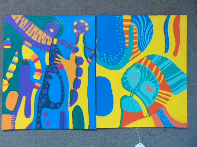 2 paintings, Louise Abrams, Outsider Art Collection,: 2 paintings, Louise Abrams, Outsider Art Collection, acrylic on canvas board, 16" by 20", from the collection of the artist. This lot is part of a large collection of sculpture and paintings from a ne