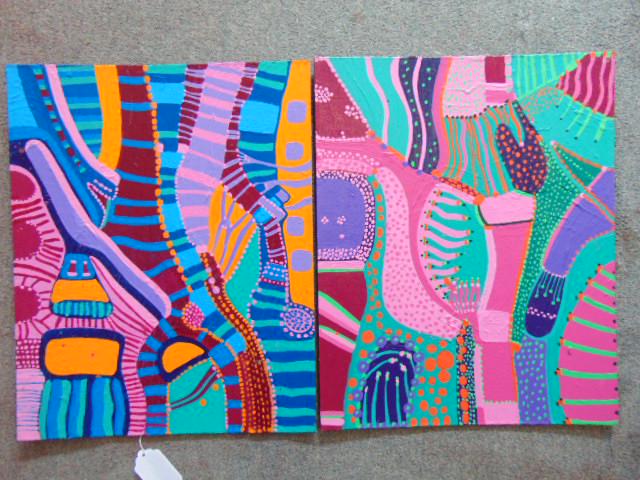 2 paintings, Louise Abrams, Outsider Art Collection,: 2 paintings, Louise Abrams, Outsider Art Collection, acrylic on canvas board, 16" by 20", from the collection of the artist. This lot is part of a large collection of sculpture and paintings from a ne