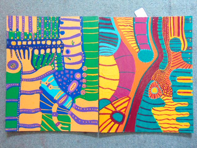 2 paintings, Louise Abrams, Outsider Art Collection,: 2 paintings, Louise Abrams, Outsider Art Collection, acrylic on canvas board, 16" by 20", from the collection of the artist. This lot is part of a large collection of sculpture and paintings from a ne