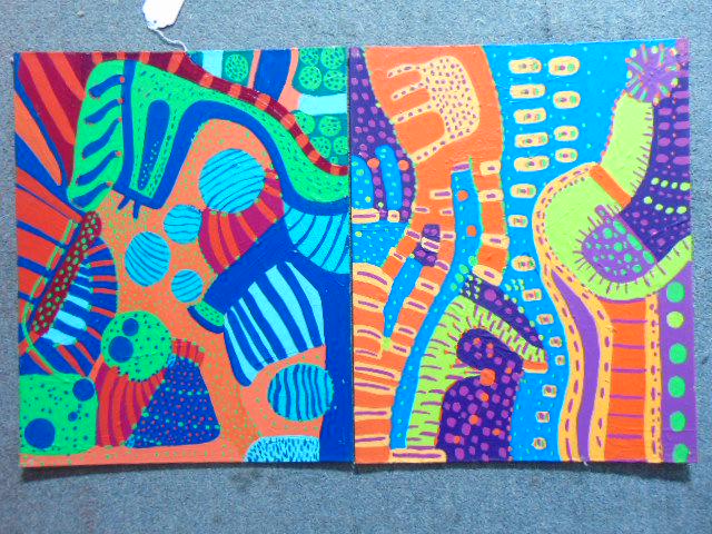 2 paintings, Louise Abrams, Outsider Art Collection,: 2 paintings, Louise Abrams, Outsider Art Collection, acrylic on canvas board, 16" by 20", from the collection of the artist. This lot is part of a large collection of sculpture and paintings from a ne