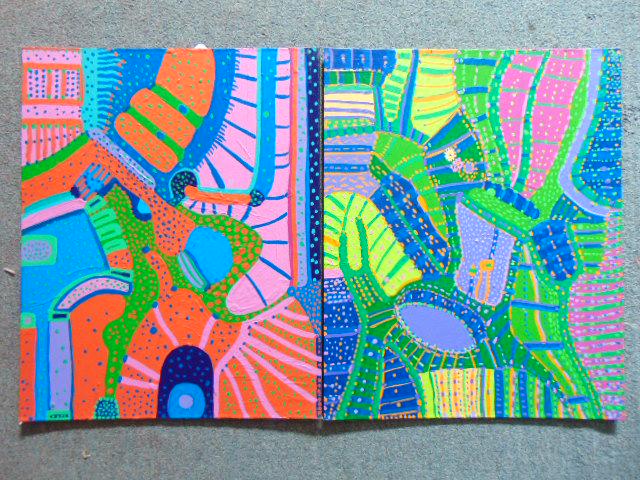 2 paintings, Louise Abrams, Outsider Art Collection,: 2 paintings, Louise Abrams, Outsider Art Collection, acrylic on canvas board, 16" by 20", from the collection of the artist. This lot is part of a large collection of sculpture and paintings from a ne