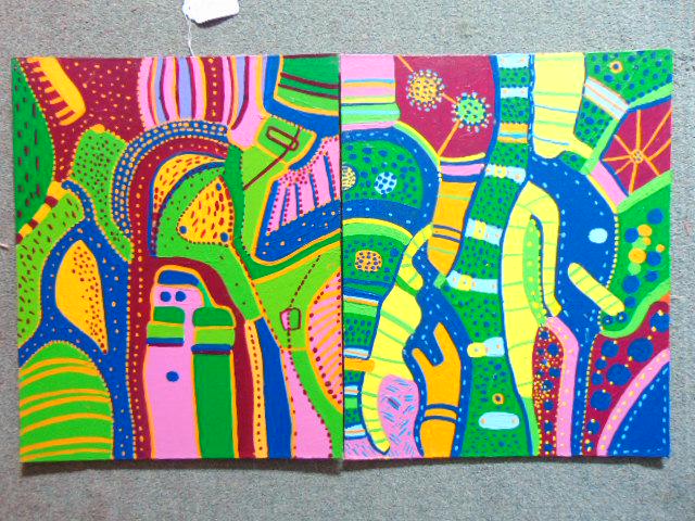 2 paintings, Louise Abrams, Outsider Art Collection,: 2 paintings, Louise Abrams, Outsider Art Collection, acrylic on canvas board, 16" by 20", from the collection of the artist. This lot is part of a large collection of sculpture and paintings from a ne