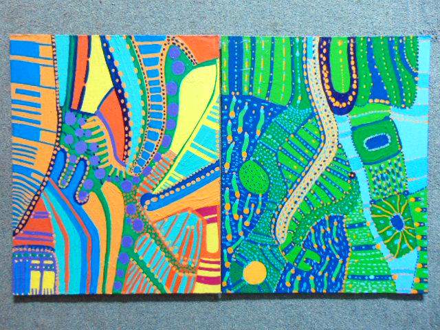 2 paintings, Louise Abrams, Outsider Art Collection,: 2 paintings, Louise Abrams, Outsider Art Collection, acrylic on canvas board, 16" by 20", from the collection of the artist. This lot is part of a large collection of sculpture and paintings from a ne