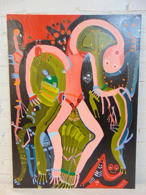 Painting, Louise Abrams, Outsider Art Collection,: Painting, Louise Abrams, Outsider Art Collection, acrylic on canvas board, 22" by 30", from the collection of the artist. This lot is part of a large collection of sculpture and paintings from a newly