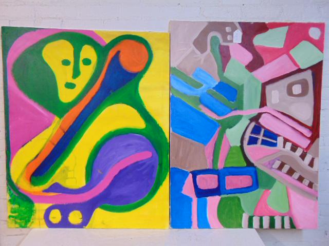 2 paintings, Louise Abrams, Outsider Art Collection,: 2 paintings, Louise Abrams, Outsider Art Collection, acrylic on canvas, 34" by 42" & 32" by 44", from the collection of the artist. This lot is part of a large collection of sculpture and paintings fr