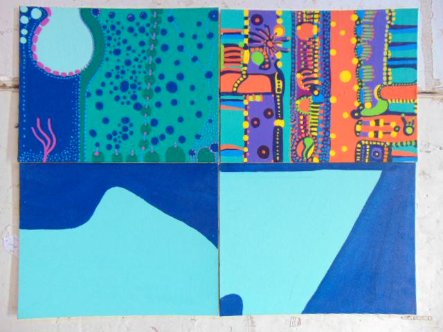 4 paintings, Louise Abrams, Outsider Art Collection,: 4 paintings, Louise Abrams, Outsider Art Collection, acrylic on canvas board, 14" by 18", from the collection of the artist. This lot is part of a large collection of sculpture and paintings from a ne