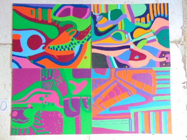 4 paintings, Louise Abrams, Outsider Art Collection,: 4 paintings, Louise Abrams, Outsider Art Collection, acrylic on canvas board, 20" by 24", from the collection of the artist. This lot is part of a large collection of sculpture and paintings from a ne