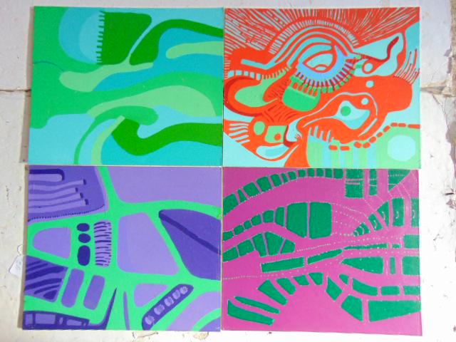 4 paintings, Louise Abrams, Outsider Art Collection,: 4 paintings, Louise Abrams, Outsider Art Collection, acrylic on canvas board, 20" by 24", from the collection of the artist. This lot is part of a large collection of sculpture and paintings from a ne