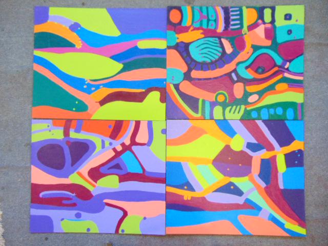 4 paintings, Louise Abrams, Outsider Art Collection,: 4 paintings, Louise Abrams, Outsider Art Collection, acrylic on canvas board, 20" by 24", from the collection of the artist. This lot is part of a large collection of sculpture and paintings from a ne
