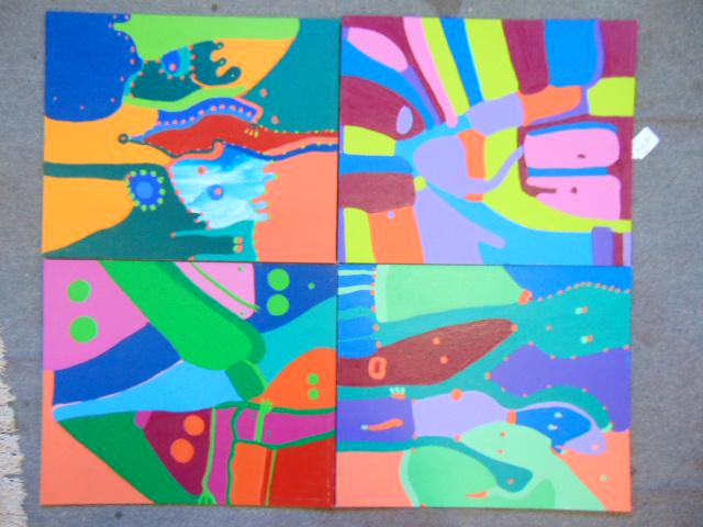 4 paintings, Louise Abrams, Outsider Art Collection,: 4 paintings, Louise Abrams, Outsider Art Collection, acrylic on canvas board, 20" by 24", from the collection of the artist. This lot is part of a large collection of sculpture and paintings from a ne