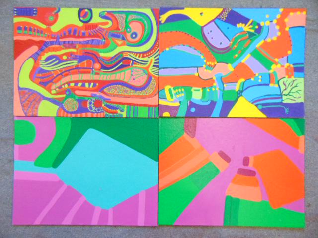 4 paintings, Louise Abrams, Outsider Art Collection: 4 paintings, Louise Abrams, Outsider Art Collection, acrylic on canvas board, 18" by 24", from the collection of the artist. This lot is part of a large collection of sculpture and paintings from a ne