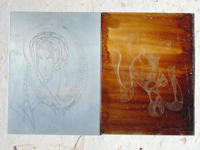 2 steel master engraving plates, Louise Abrams,: 2 steel master engraving plates, Louise Abrams, Outsider Art Collection, each plate is 16" by 20", from the collection of the artist. This lot is part of a large collection of sculpture and paintings 