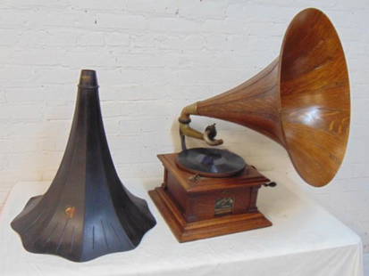 Victor 3 Victrola talking machine with oak & extra tole: Victor 3 Victrola talking machine with oak & extra tole horn, "Sold by Sol Bloom", oak case, base is 14.25" by 14.25", black tole horn has original decals, Victor Talking Machine and is dated, patente