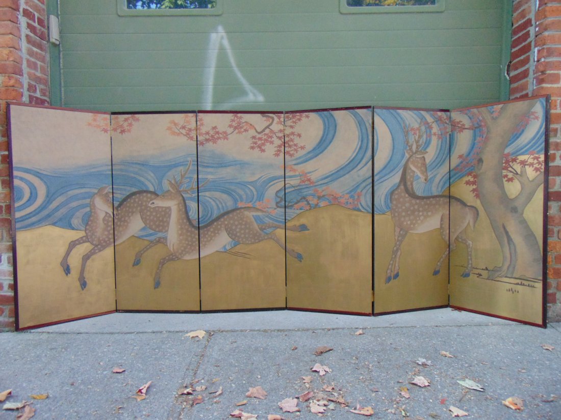 Japanese 6 panel screen, paint decorated, each panel is (1 of 20)