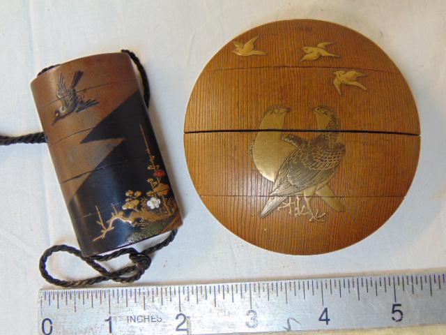 2 Japanese Inro, round with gilt bird decorations & (1 of 5)