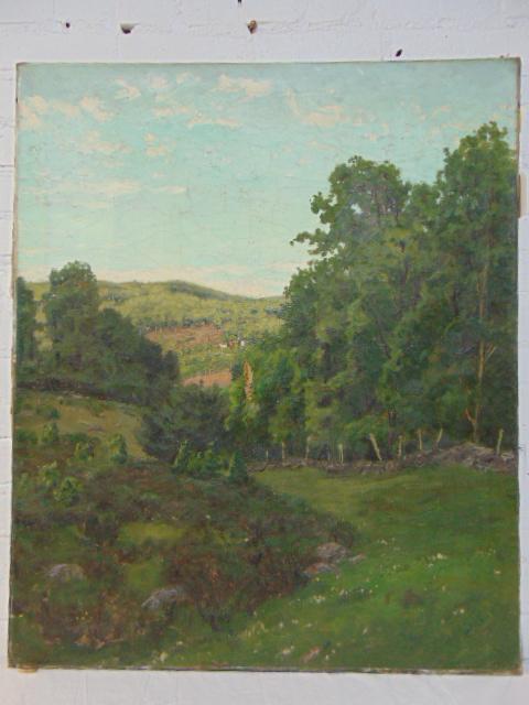 Painting, landscape with trees, hills, unsigned, oil on (1 of 5)