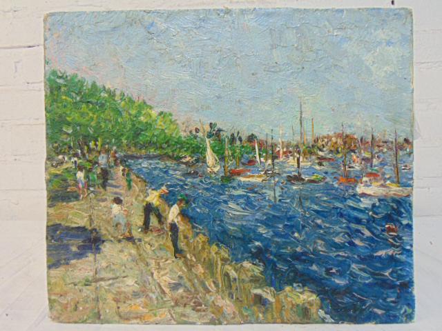 Painting, harbor scene, Samuel Rothbart, oil on board, (1 of 5)