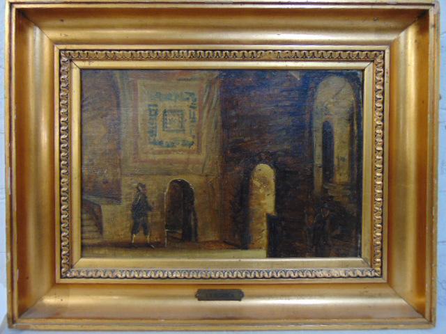 Painting, I.T. Hansen, soldiers in interior,: Painting, I.T. Hansen, soldiers in interior, attributed, 19th Century, unsigned, oil on canvas, 7.75" by 11"