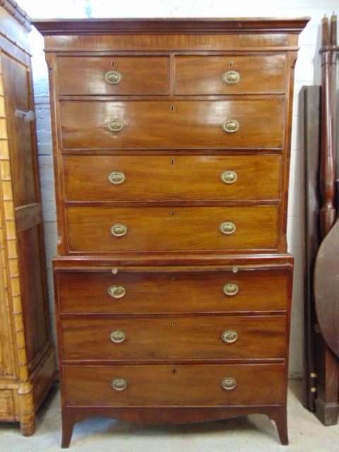 Mahogany chest on chest with pull out work space,: Mahogany chest on chest with pull out work space, cabinet is 44.75" by 20.5", height is 79.25" tall, top is 2 over 3, base has 3 drawers, English antique furniture,