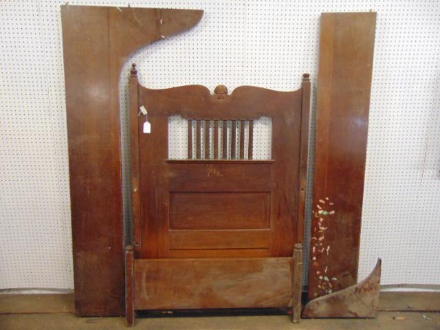 Carved bed, spindle back opening, carved head, with: Carved bed, spindle back opening, carved head, with rails, unusual design, width is 42.5"