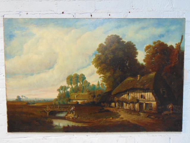 Painting, landscape with figures by house, unsigned, (1 of 6)