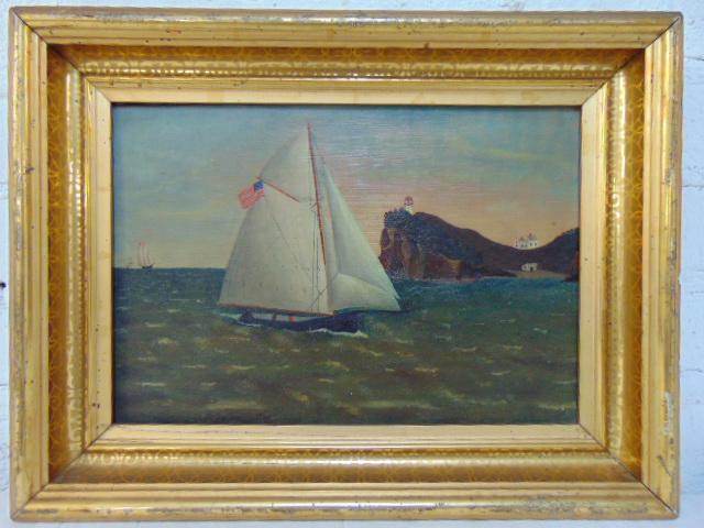 Painting, sailboat of coast, US flag, unsigned, fine (1 of 6)