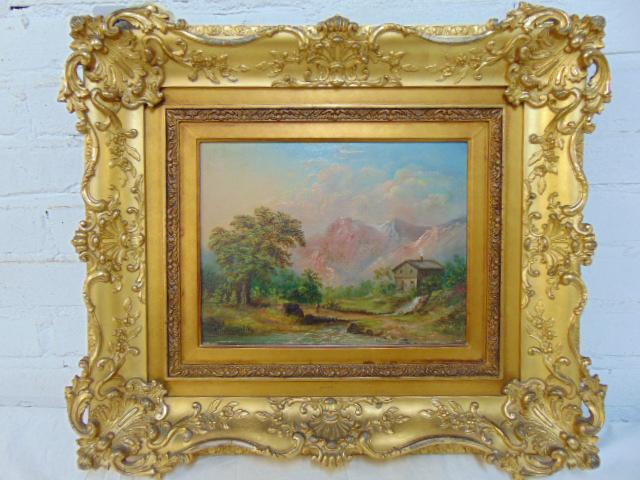 Painting, Alpine landscape with figure, cabin, stream & (1 of 5)