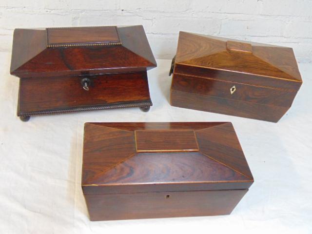 3 Rosewood "casket" tea caddies, no inserts, decorative (1 of 10)