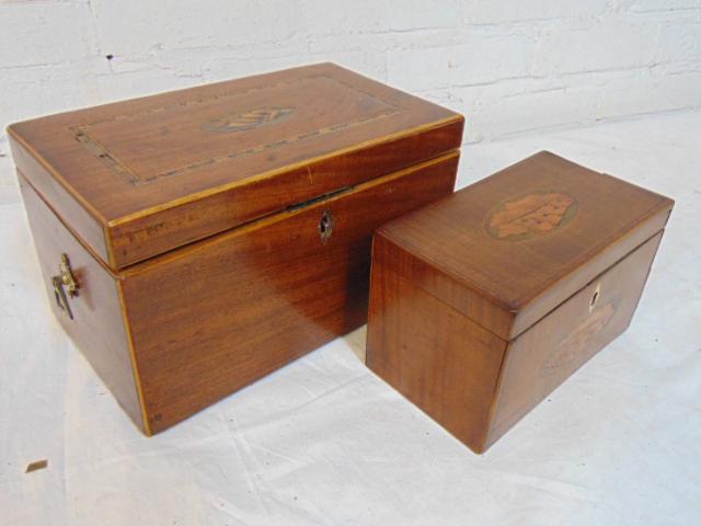 2 inlaid tea caddies, shell inlay on lid, no inserts, (1 of 6)